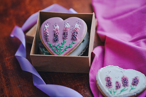 Beautiful Decorated Heart Shaped Cookies in a Gift Box