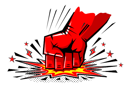 Explosive blow fist,  strong punch from above drawn in comic style. Fist punching, hit strong fist. Vector on transparent background
