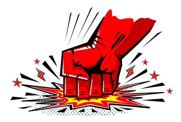 hit fist comic style Explosive blow fist,  strong punch from above drawn in comic style. Fist punching, hit strong fist. Vector on transparent background squash stock illustrations