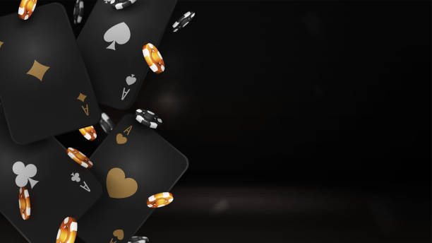 istock Black and gold falling casino playing cards with poker chips on black background 1459174797