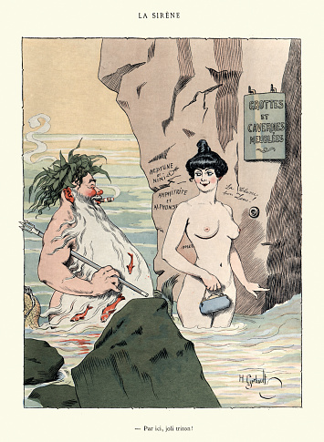 Vintage French cartoon, La Sirene. Par ici, joli triton ! Mermaid. Over here, pretty newt!