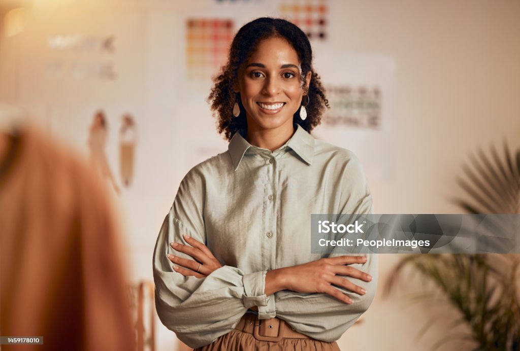 Fashion industry, black woman and designer portrait of clothing tailor with business vision. Smile, startup and small business entrepreneur with happiness and business growth feeling working success Fashion industry, black woman and designer portrait of aclothing tailor with business vision. Smile, startup and small business entrepreneur with happiness and business growth feeling working success One Woman Only Stock Photo