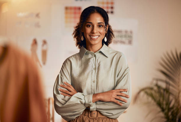 fashion industry, black woman and designer portrait of clothing tailor with business vision. smile, startup and small business entrepreneur with happiness and business growth feeling working success - business success fotos imagens e fotografias de stock