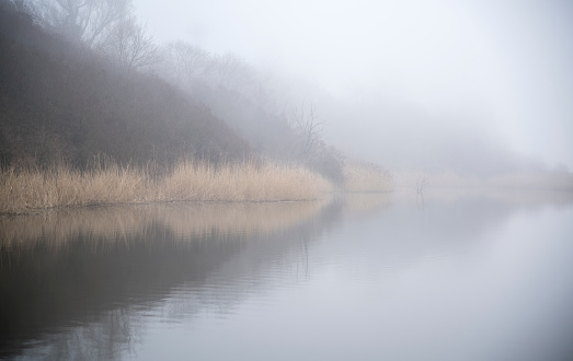 An early spring morning view of a foggy lake.