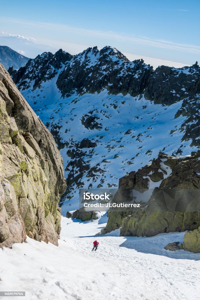 Icy mountains and peaks in winter in Sierra de Gredos, Spain Adventure Stock Photo