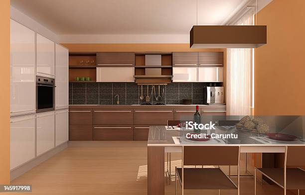 Moderno Interiorkitchen E Cena Tavolo - Fotografie stock e altre immagini di Ambientazione interna - Ambientazione interna, Arancione, Arredamento