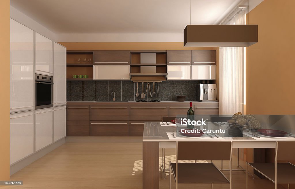 Современный interior.kitchen и обеденным столом - Стоковые фото Без людей роялти-фри