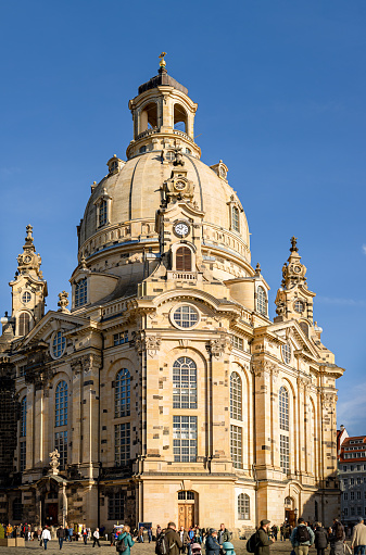 On November 12th, 2022, the Frauenkiche in Dresden. The church of Our Lady. Tall Lutheran Church in old town.
