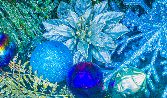 Close up of a group of Christmas decorations.