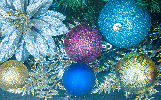 Close up of a group of Christmas decorations.