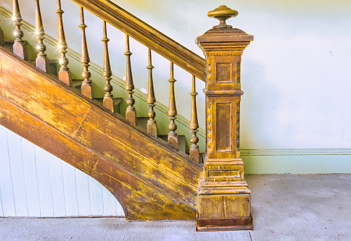 Wooden stairs old, vintage going up, full texture background. Sunny spring day