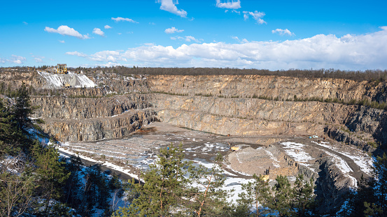 Panorama view on the former limestone quarry on the 'Sint-Pietersberg' or Mount Saint Peter, a hill on the southside of Maastricht in Limburg, Netherlands, where from 1926 untill 2018 surface mining took place, it is a nature area since   [photo was taken in 2014 when the quarry was still active]