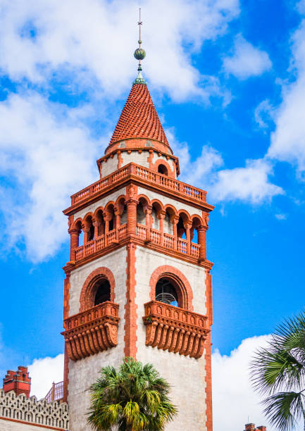 St. Augustine, Florida, USA- January 4, 2023-  One of a pair of conical towers on the campus of Flagler College in St. Augustine reflect the Spanish influence on the architecture of the school buildings.  Built originally  as the Ponce de Leon Hotel by Henry   Flagler between 1885-1887 as the \