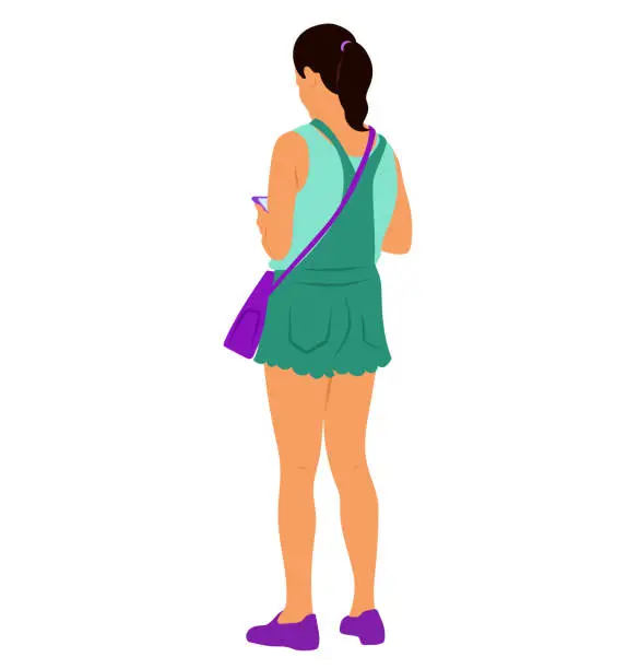 Vector illustration of Girl Overalls Looking At Her Phone Green