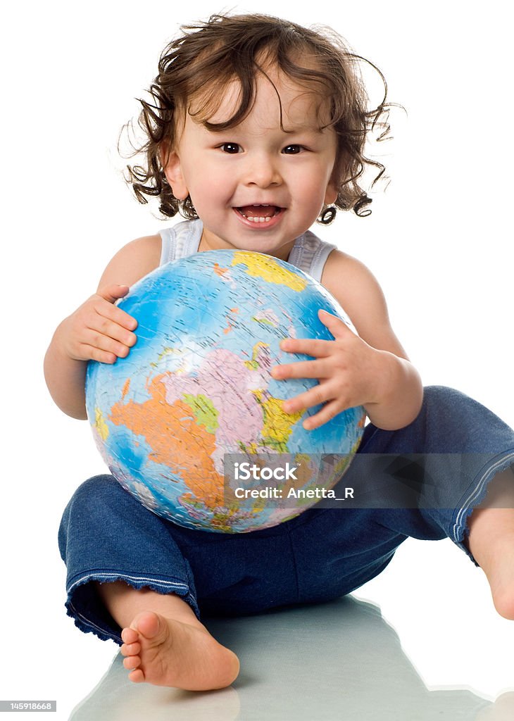 Bebê com quebra-cabeça do mundo. - Foto de stock de Criança royalty-free