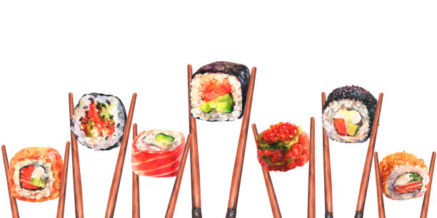 istock Watercolor horizontal flatlay composition seamless, border with traditional Japanese sushi and chopsticks on white background. 1459188513