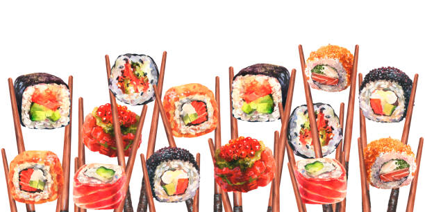 istock Watercolor horizontal flatlay composition with traditional Japanese sushi and chopsticks on white background. 1459188538