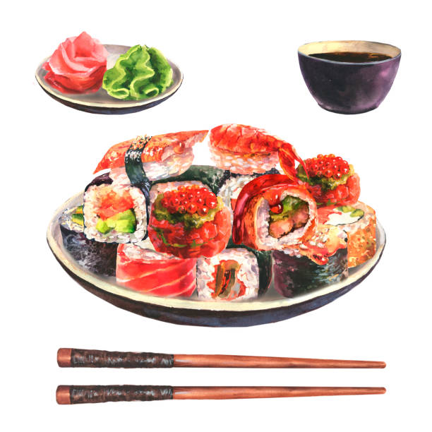 손으로 그린 수채화 초밥은 흰색 배경에 격리된 젓가락, 와사비, 생강, 간장이 있는 세라믹 접시에 놓여 있습니다. - sashimi sushi caviar black stock illustrations