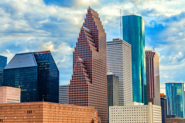 Both modern and historic buildings in downtown Houston, Texas shot on a cool and cloudy winter afternoon.