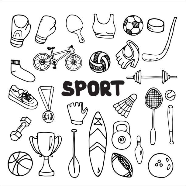 illustrations, cliparts, dessins animés et icônes de ensemble d’équipement sportif style doodle illustration vectorielle isolée sur blanc - baseballs ball sport gym