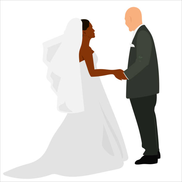 Wedding Couple Dark Green Wedding ceremony with the groom holding the bride's hands as they are about to kiss. Vector illustration in flat design style african bride and groom stock illustrations