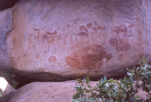 South Africa, 1971. Neolithic drawings on a rock.