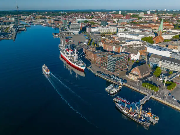 Aerial view of port of Kiel, Schleswig-Holstein, Germany. Aerial view of world's largest museum freight ship moored in Kiel harbour.