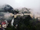 Aerial view of Gasteiner Ache waterfall in tourist spa town Bad Gastein in St Johann im Pongau Salzburg Austria