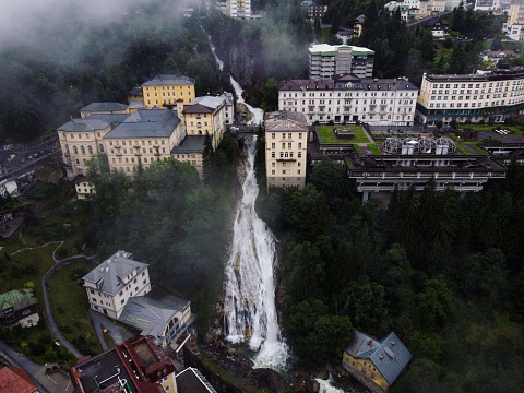 Aerial view of Gasteiner Ache waterfall in tourist spa town Bad Gastein in St Johann im Pongau in Salzburg Austria