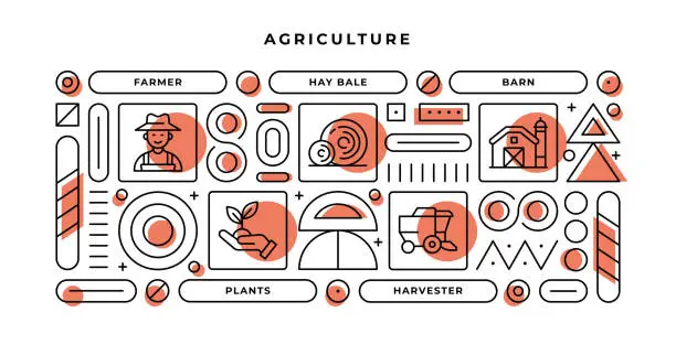 Vector illustration of Agriculture Infographic Concept with geometric shapes and Farmer,Hay Bale,Barn,Plants Line Icons