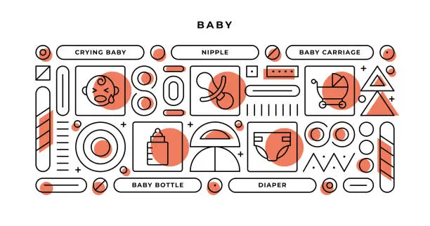 Vector illustration of Baby Infographic Concept with geometric shapes and Crying Baby,Nipple,Baby Carriage,Diaper Line Icons