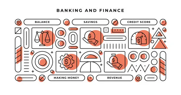 Vector illustration of Banking and Finance Infographic Concept with geometric shapes and Balance,Savings,Credit Score,Making Money Line Icons