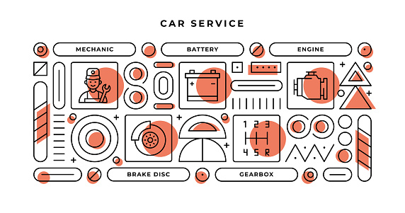 Car Service Infographic Concept with geometric shapes and Mechanic,Battery,Engine,Gearbox Line Icons