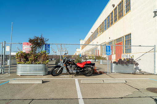 Alameda, CA, USA - January 17, 2023: Shot of a vintage motorcycle at the Alameda Naval Base
