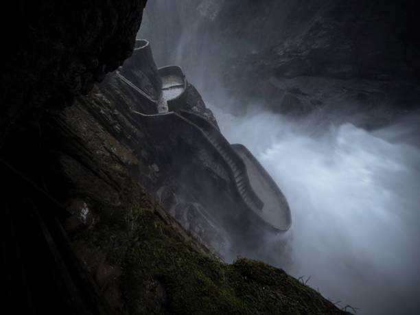 Viewing platform observation deck stairs at Pailon del diablo Devils Cauldron highest waterfall Rio Pastaza river cascades route Banos Tungurahua Amazonia Ecuador South America