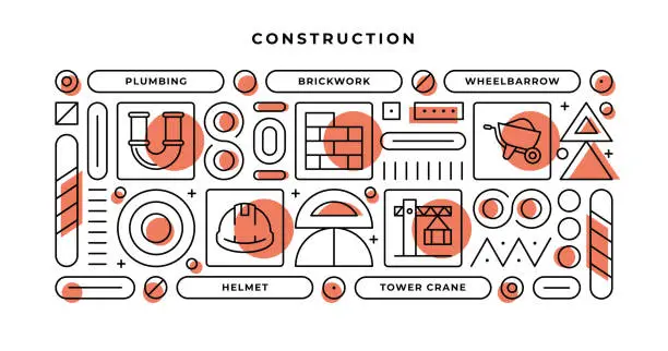 Vector illustration of Construction Infographic Concept with geometric shapes and Plumbing,Brickwork,Helmet,Tower Crane Line Icons