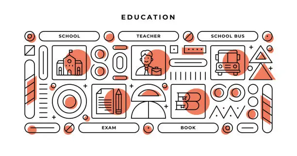 Vector illustration of Education Infographic Concept with geometric shapes and School,Teacher,School Bus,Book Line Icons