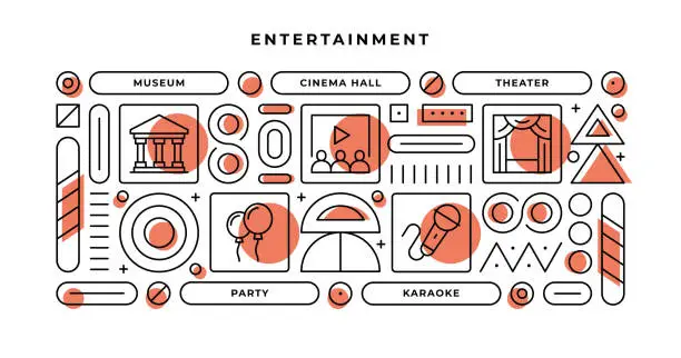 Vector illustration of Entertainment Infographic Concept with geometric shapes and Museum,Cinema Hall,Party,Karaoke Line Icons