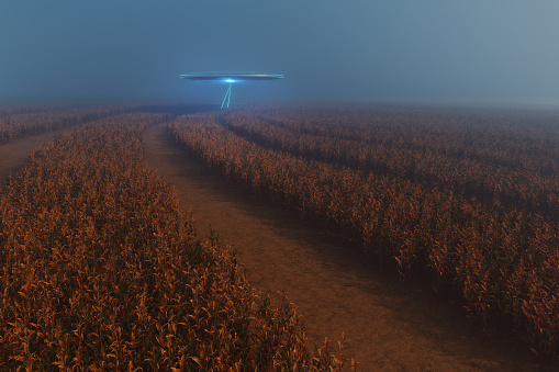 UFO hovering over crop circles. 3D generated image.