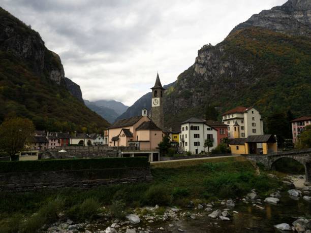 idyllic charming town rock stone houses village bignasco maggia and bavona river in vallemaggia ticino switzerland alps - switzerland ticino canton valley church imagens e fotografias de stock