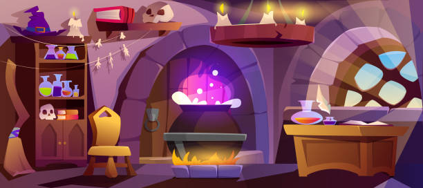ilustrações de stock, clip art, desenhos animados e ícones de cartoon witch house with big cauldron and stuff for magic - old laboratory alchemy alchemist