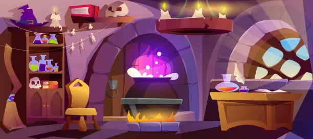 Vector illustration of Cartoon witch house with big cauldron and stuff for magic