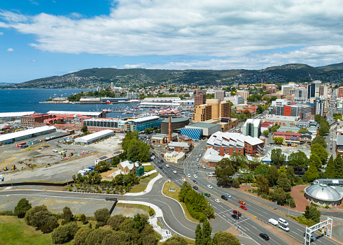 Brooker Highway and Port of Hobart, Tasmania from the air on a clear summer day