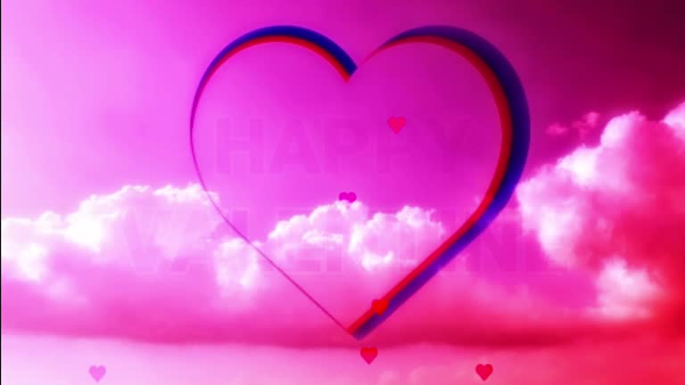 colorful animated illustration motion word Happy Valentine with heart shape beating and clouds sky background for greeting people we love by email or messaging