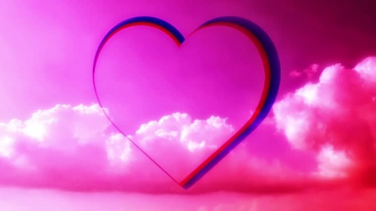 colorful animated illustration motion word Happy Valentine with heart shape beating and clouds sky background for greeting people we love by email or messaging