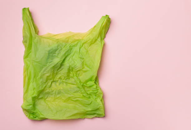 istock Disposable plastic bag on color background, top view 1459197563