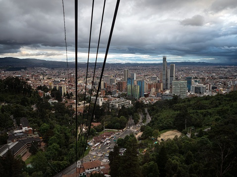 Panoramic view of Bogota downtown financial business district skyscrapers from Monserrate cable car funicular teleferico Cundinamarca Capital District Colombia