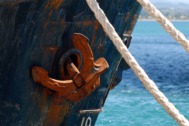 bow of the ship with anchor and yards of draw stock photo