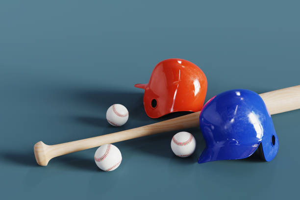 istock Baseball bats and helmets on a blue background. 3d rendering 1459202458
