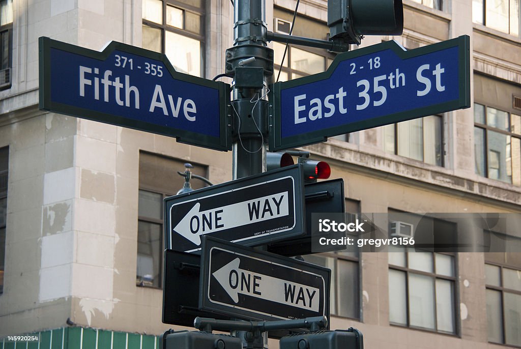 Street sign at an intersection in New York City Street sign at the intersection of Fifth avenue and thirty fifth street in New York City Avenue Stock Photo